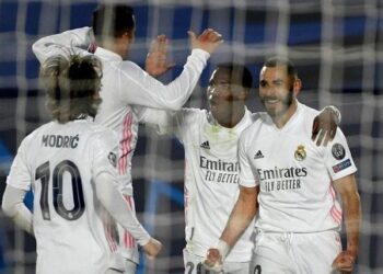Pemain Real Madrid melakukan selebrasi usai mencetak gol ke gawang Atlanta. (Foto: AFP/Pierre-Philippe Marcou)